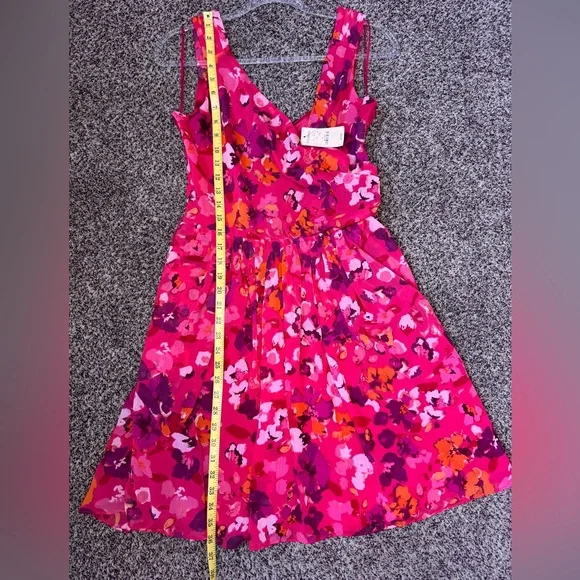 Express Floral Chiffon Fit Flare Pink Red Sleeveless Dress VNeck  Zipper Size 4 - Picture 10 of 11